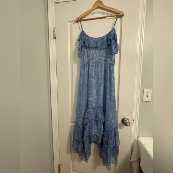 LOVE Sam MIDI Dress Light Blue Asymmetrical Ruffle Hem Semi Sheer - Picture 1 of 12